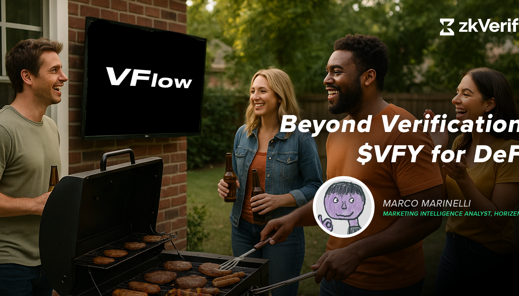 a group of people grilling burgers in front of a tv that says vflow