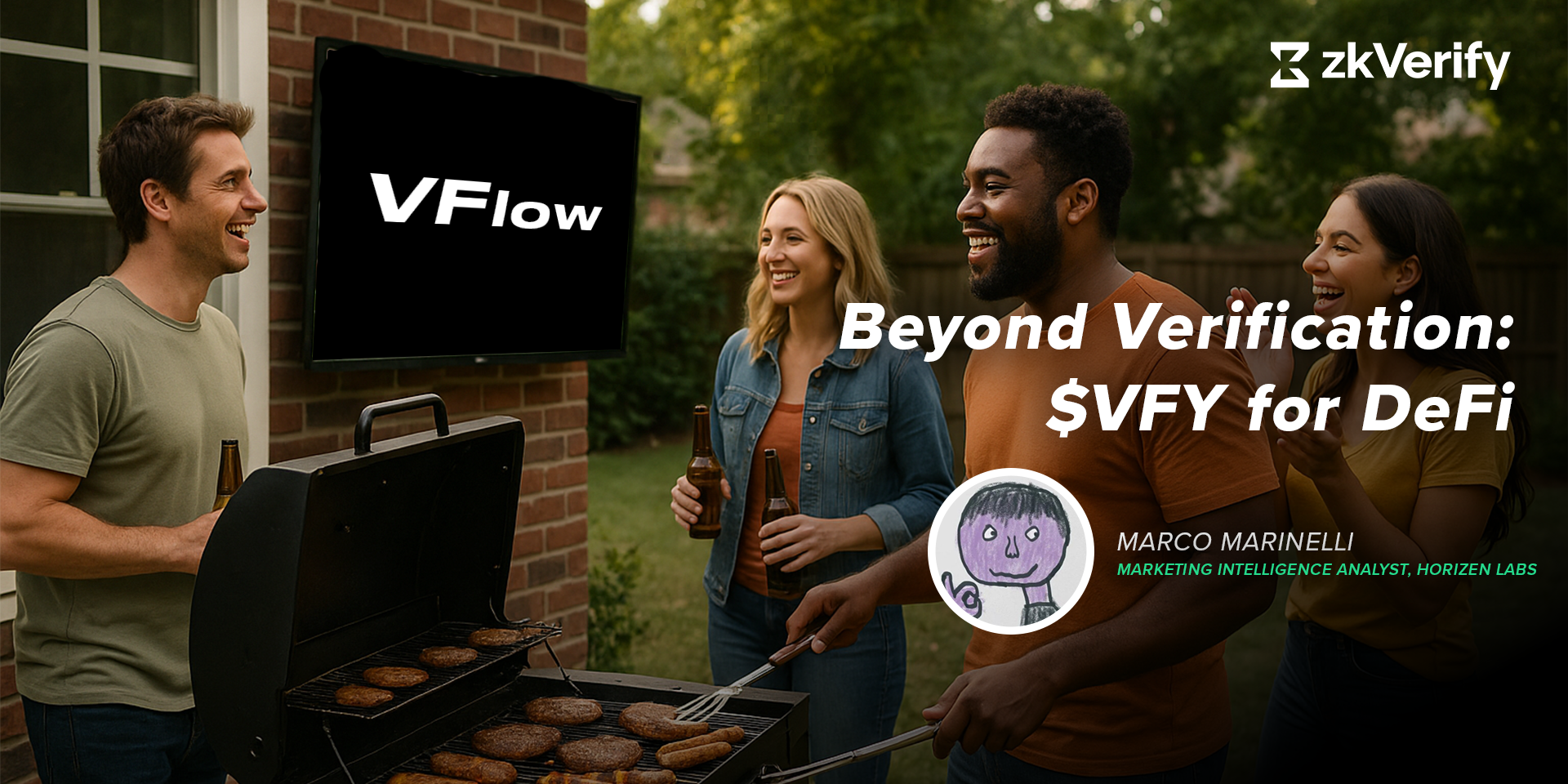 a group of people grilling burgers in front of a tv that says vflow