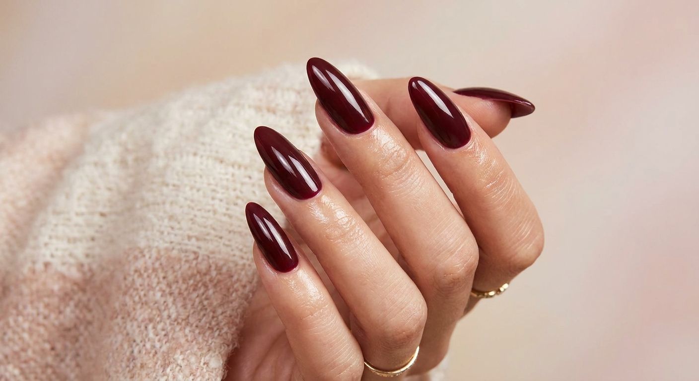 Hand with long almond-shaped acrylic nails in a deep maroon colour with high-gloss finish.