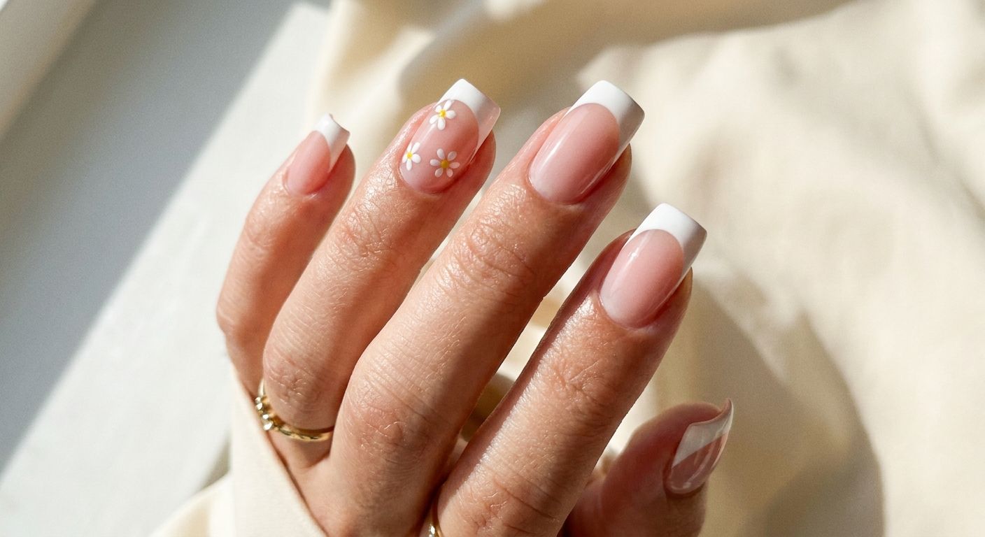 Hand with classic French tip manicure and tiny hand-painted white flowers on accent nails.