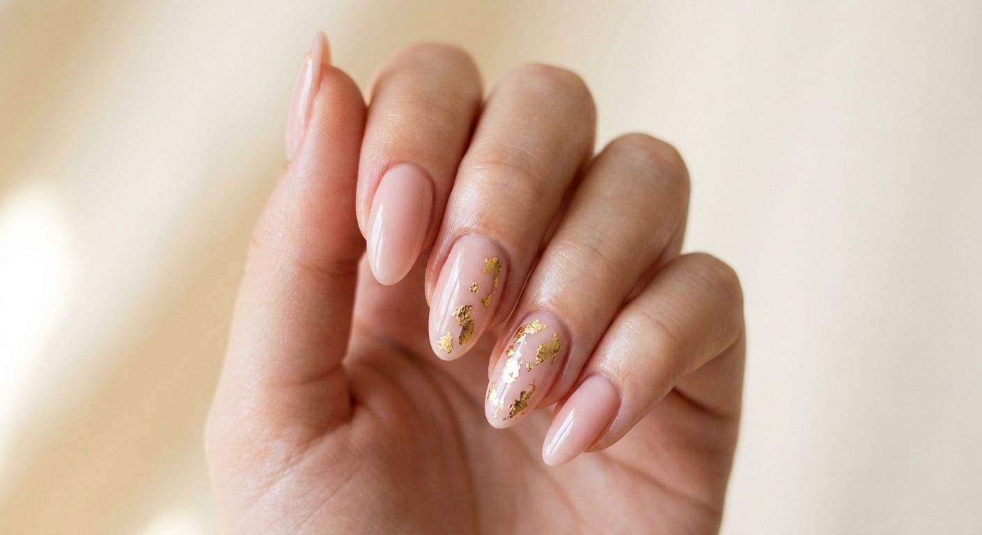 Close-up of a hand with glossy gel manicure nails accented by delicate gold foil details.