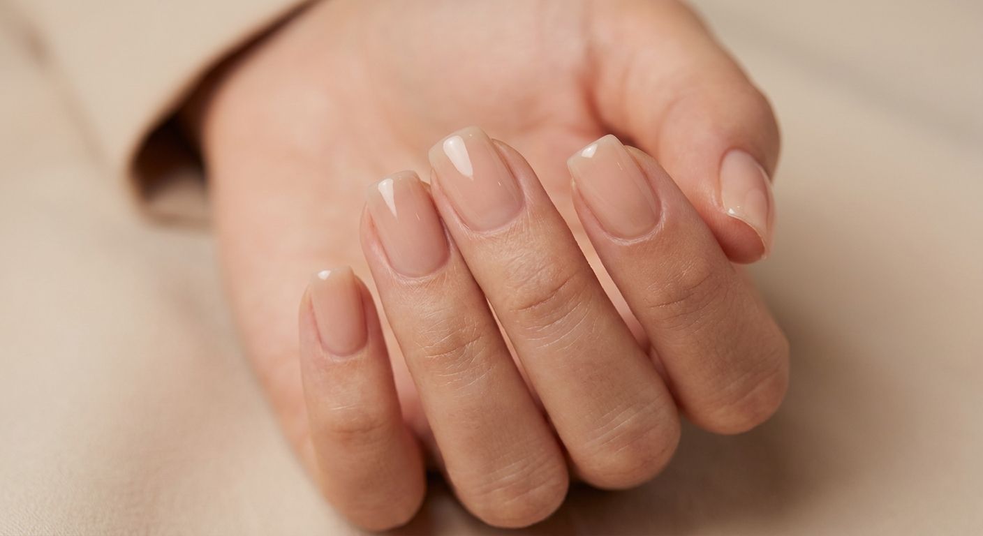 Hand with natural-looking nude Gel-X extensions, short square shape, clean and minimal.