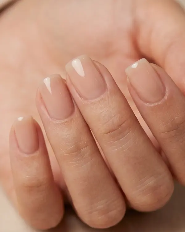 Hand with natural-looking nude Gel-X extensions, short square shape, clean and minimal.