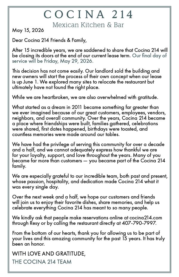 image from After 15 incredible years, we are saddened to share that Cocina 214's last day of service will be Friday, May 29th