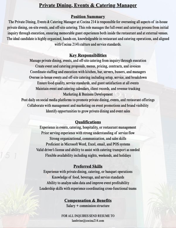 image from Cocina 214 is seeking a Private Dining, Events & Catering Manager