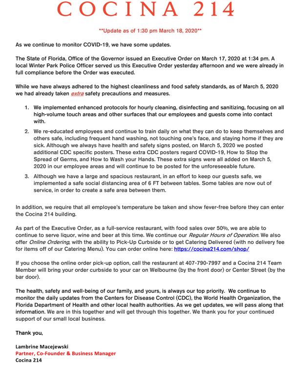 image from Cocina 214 Updates, as of March 18, 2020