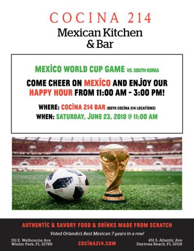 image from Mexico World Cup Game @ Cocina 214 on June 23rd with Happy Hour Specials!