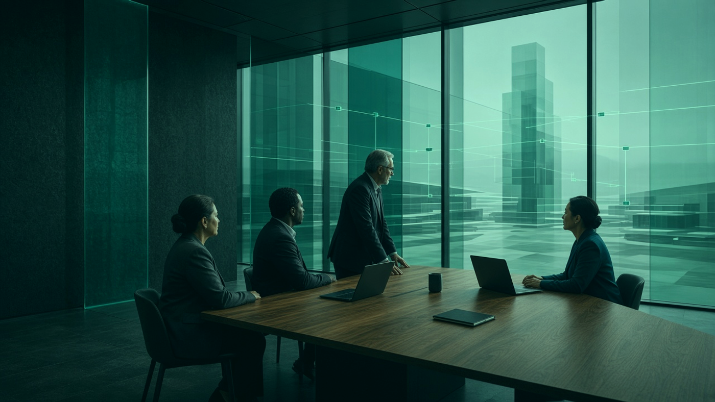 Four executives at a walnut conference table in a dark boardroom, facing a teal glass wall of abstract connected buildings.