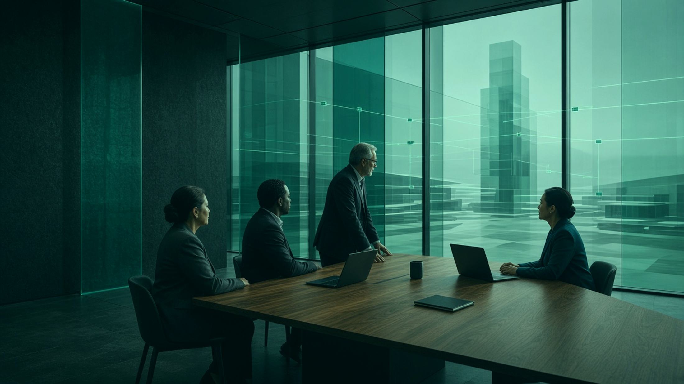 Four executives at a walnut conference table in a dark boardroom, facing a teal glass wall of abstract connected buildings.