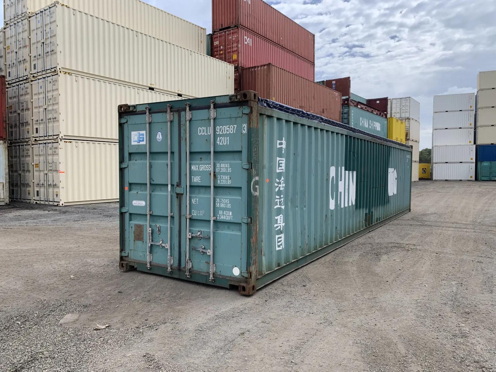 Used 40ft Open Top Shipping Container w' Tarp And Bows & Timber Floor