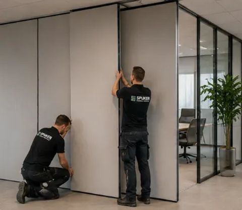 Spijker BV monteurs leveren en plaatsen mobiele projectwand op locatie