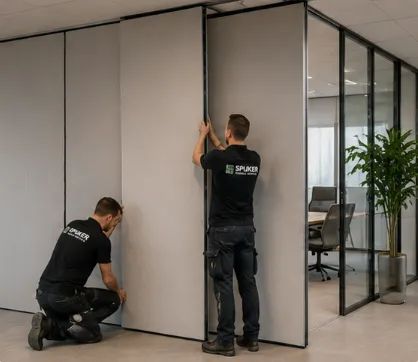 Spijker BV monteurs leveren en plaatsen mobiele projectwand op locatie