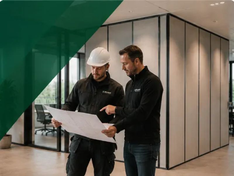 Spijker BV monteur en projectleider bekijken bouwtekening op locatie