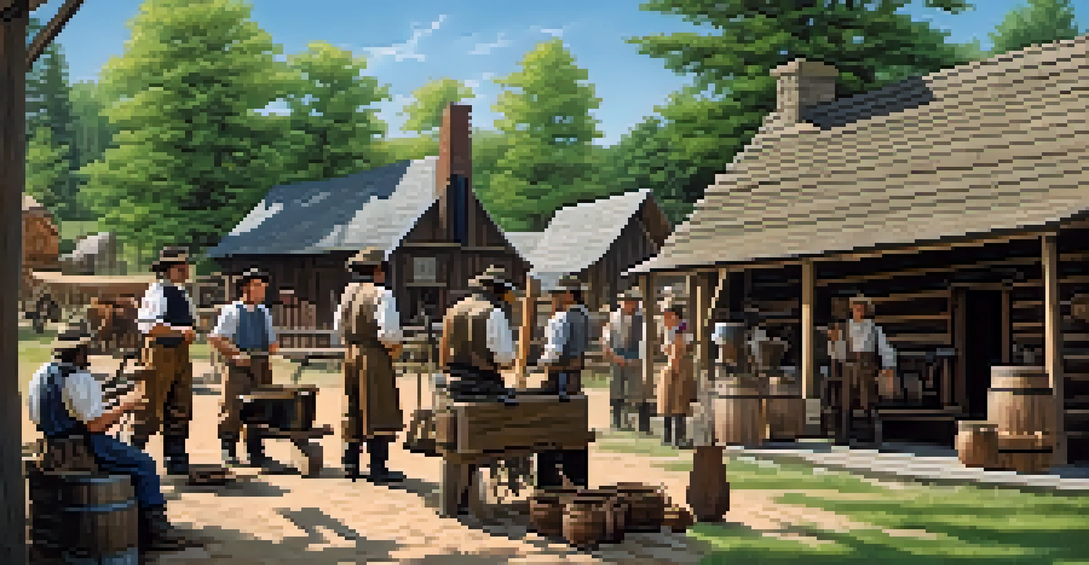 Costumed interpreters showcasing blacksmithing at This is the Place Heritage Park, surrounded by replica pioneer homes and greenery.
