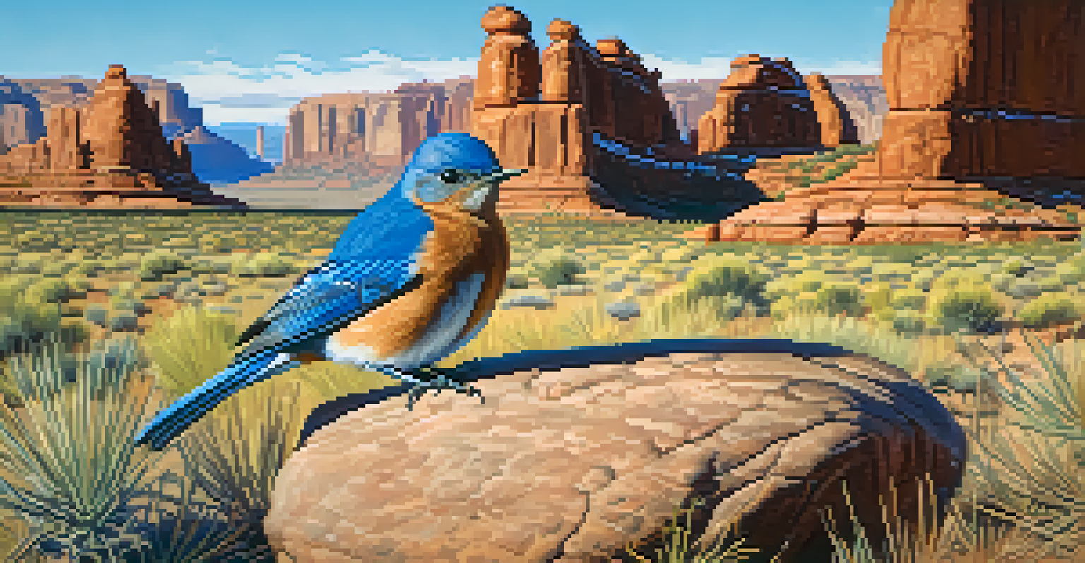 A Western Bluebird on a rock in Arches National Park, with natural arches and a clear sky in the background.