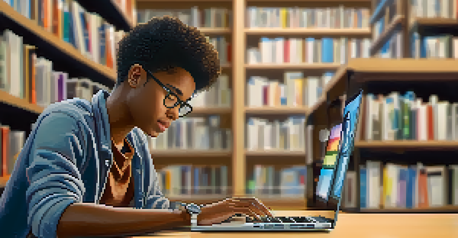 A close-up of a student focused on a laptop in a community college library, surrounded by books and learning materials.