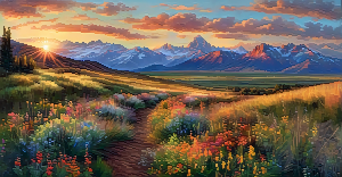 A panoramic view of Utah's sunset landscape with mountains and a field of wildflowers.