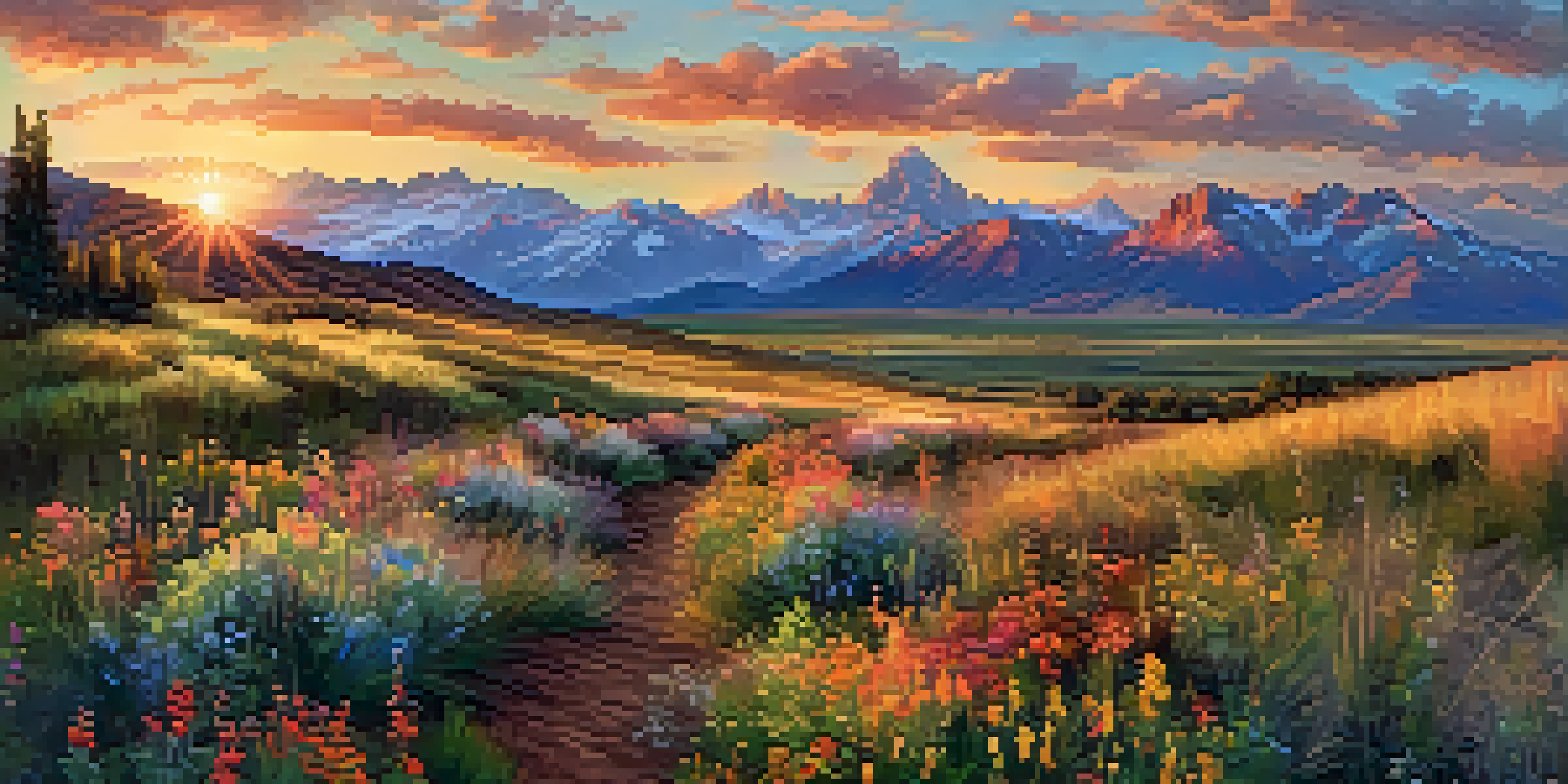 A panoramic view of Utah's sunset landscape with mountains and a field of wildflowers.