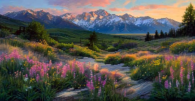 A scenic view of the Wasatch Range at sunrise, featuring snow-capped mountains and colorful wildflowers in the foreground.