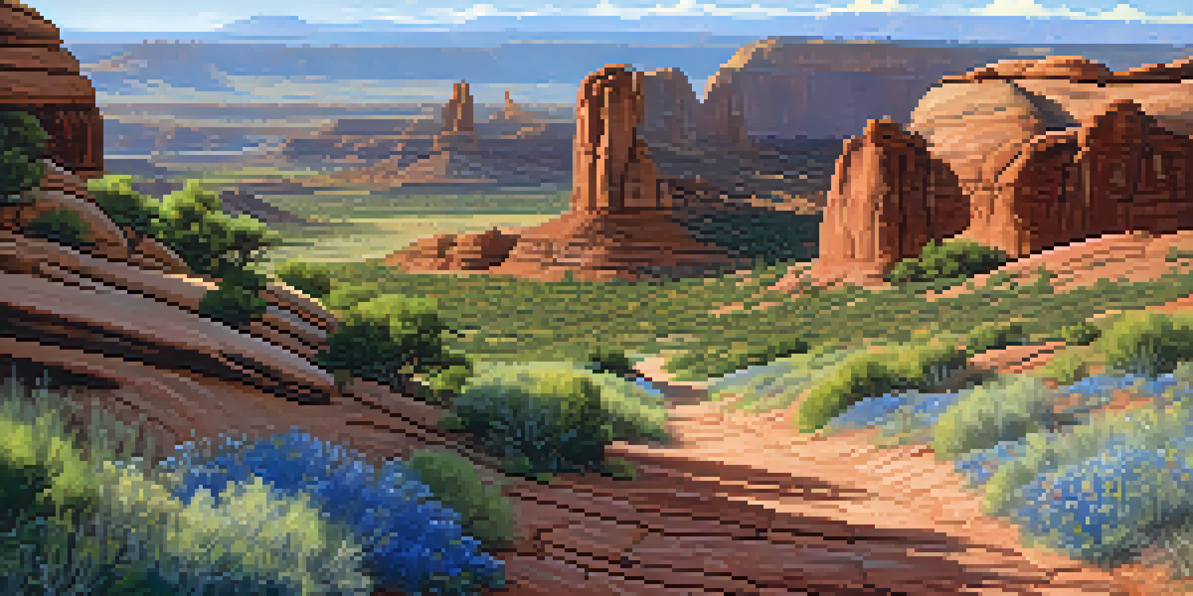 A panoramic view of red rock formations in Arches National Park, with wildflowers in the foreground and a clear blue sky.