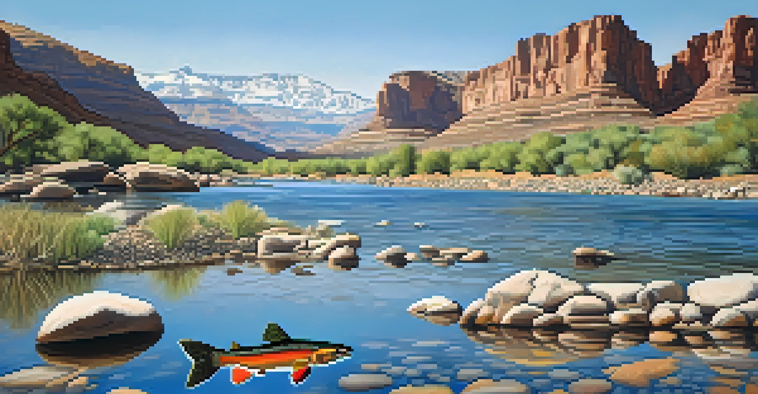 A river in Utah with a swimming cutthroat trout and mountains in the background under a clear blue sky.
