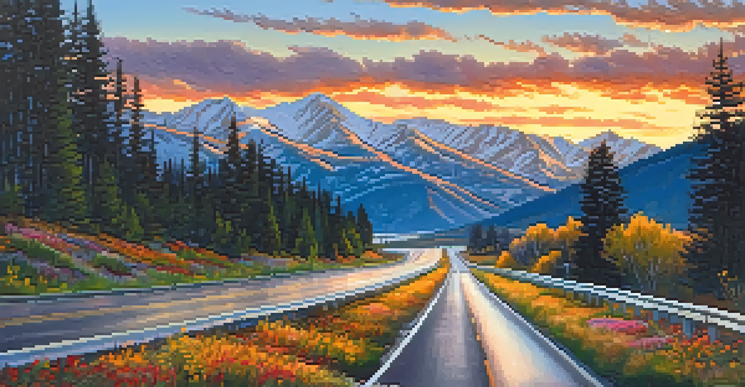 Sunset over Interstate 80 winding through the Wasatch Mountains, with snow-capped peaks and vibrant wildflowers.