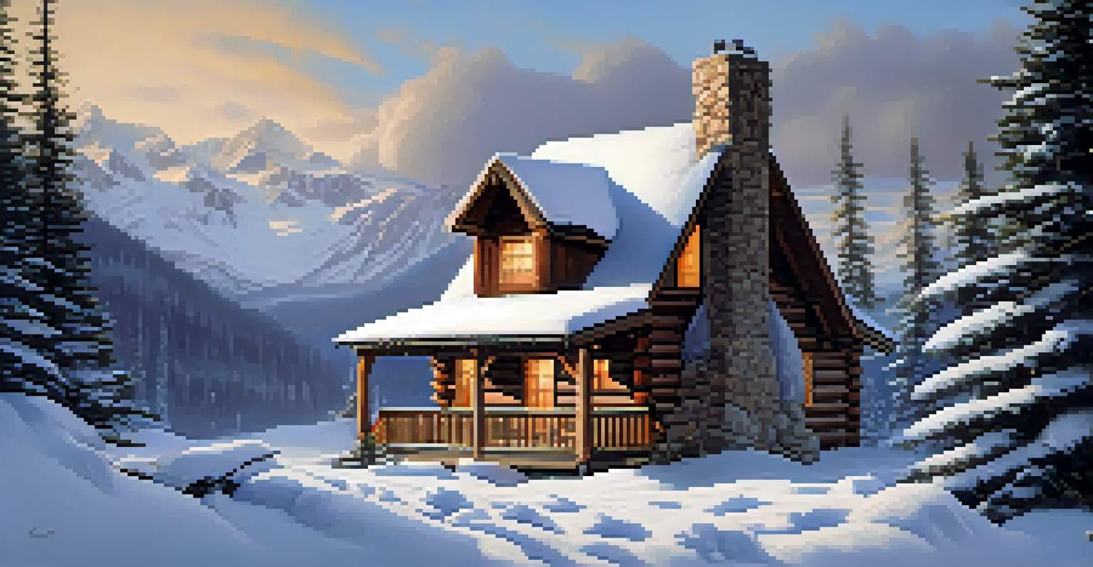 A picturesque winter cabin in Utah's snowy landscape, with smoke from the chimney and falling snowflakes, surrounded by mountains and trees.