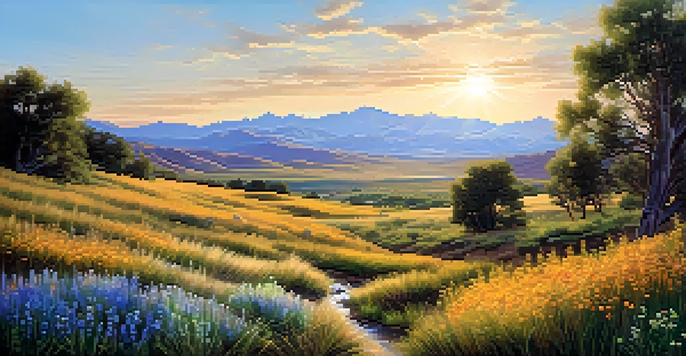 A peaceful view of Utah's landscape with mountains, wildflowers, and a stream under a blue sky.