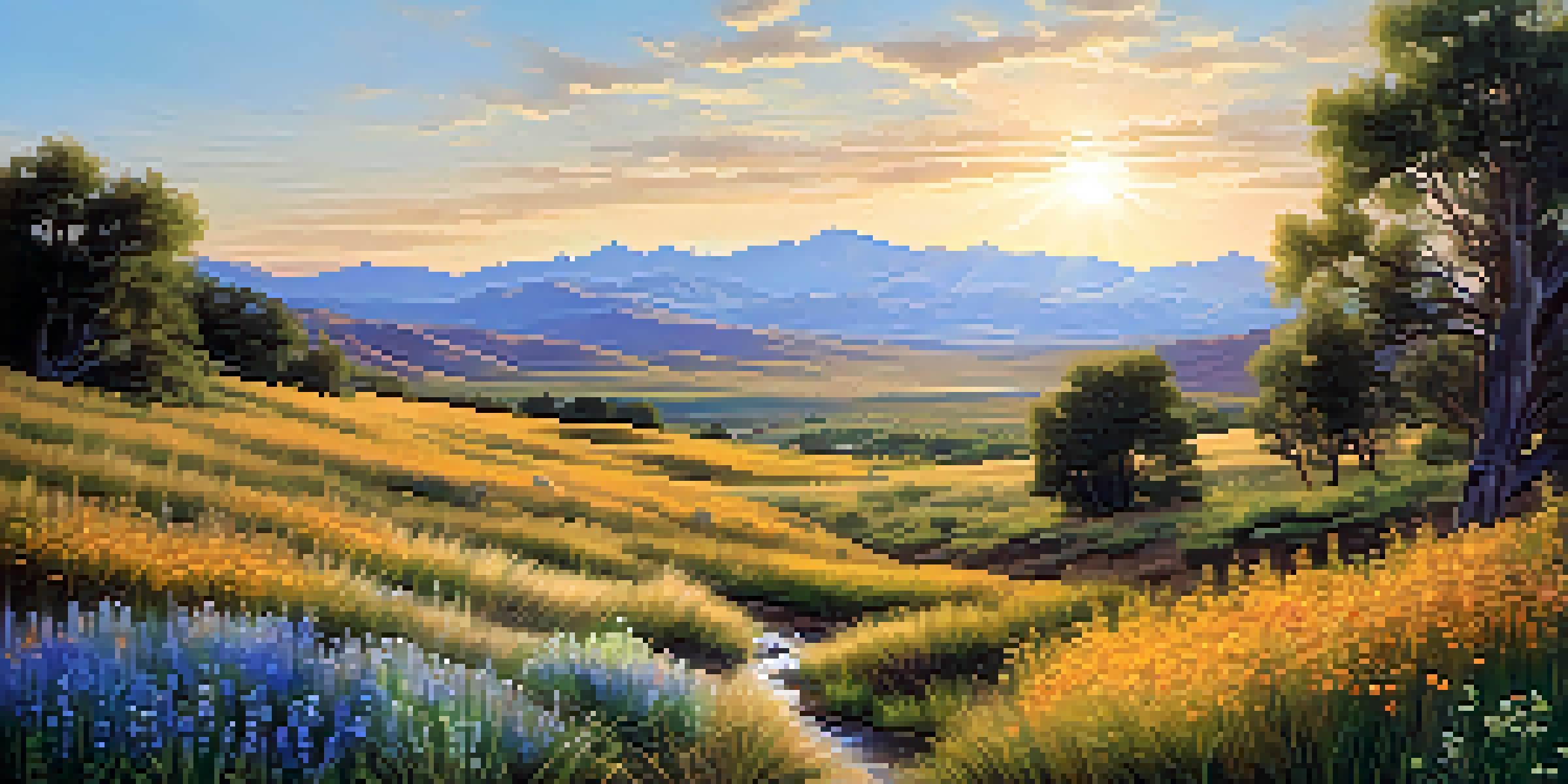 A peaceful view of Utah's landscape with mountains, wildflowers, and a stream under a blue sky.
