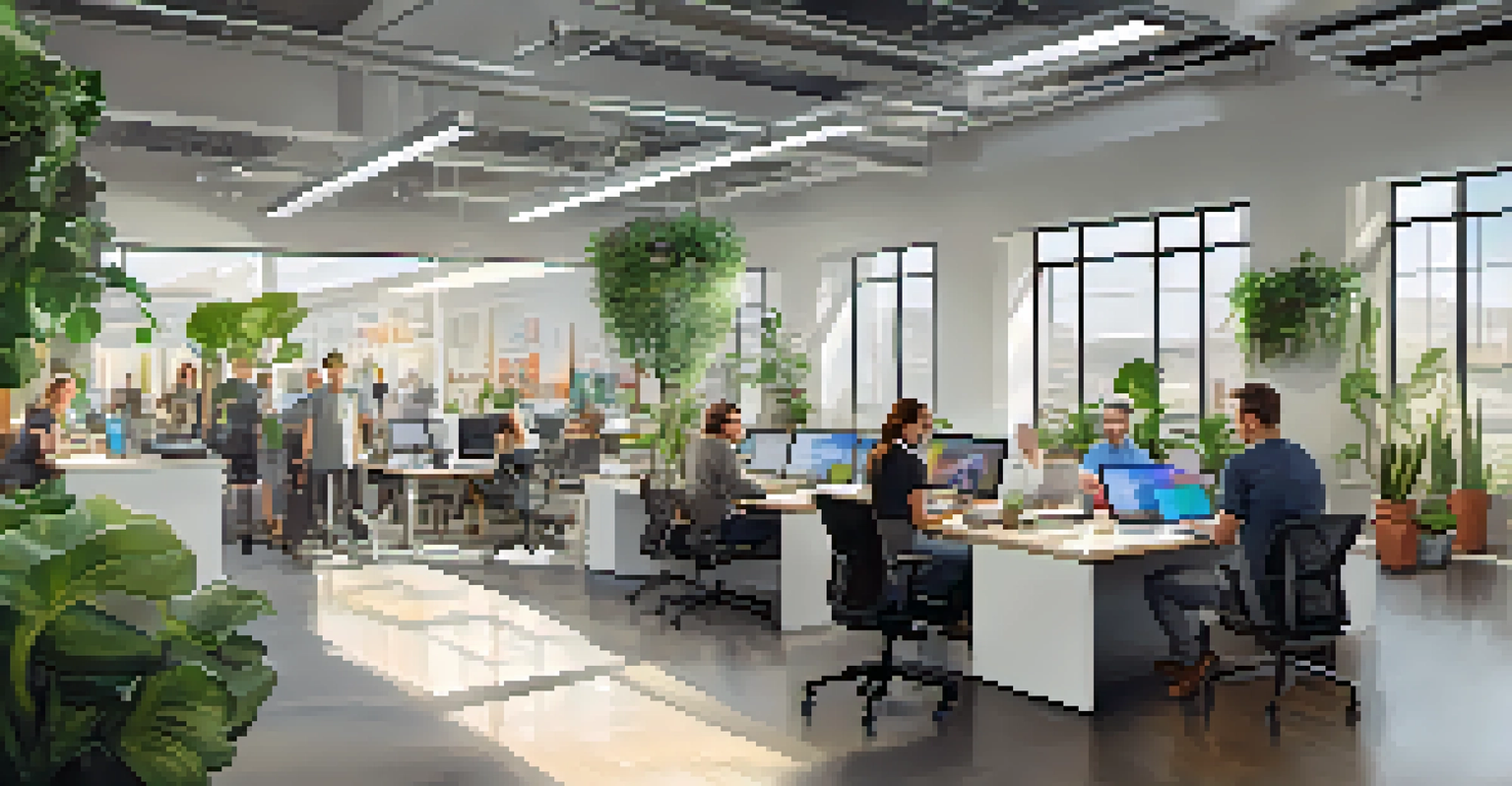 A bright tech office in Utah with diverse professionals collaborating, featuring modern decor and natural light streaming through large windows.