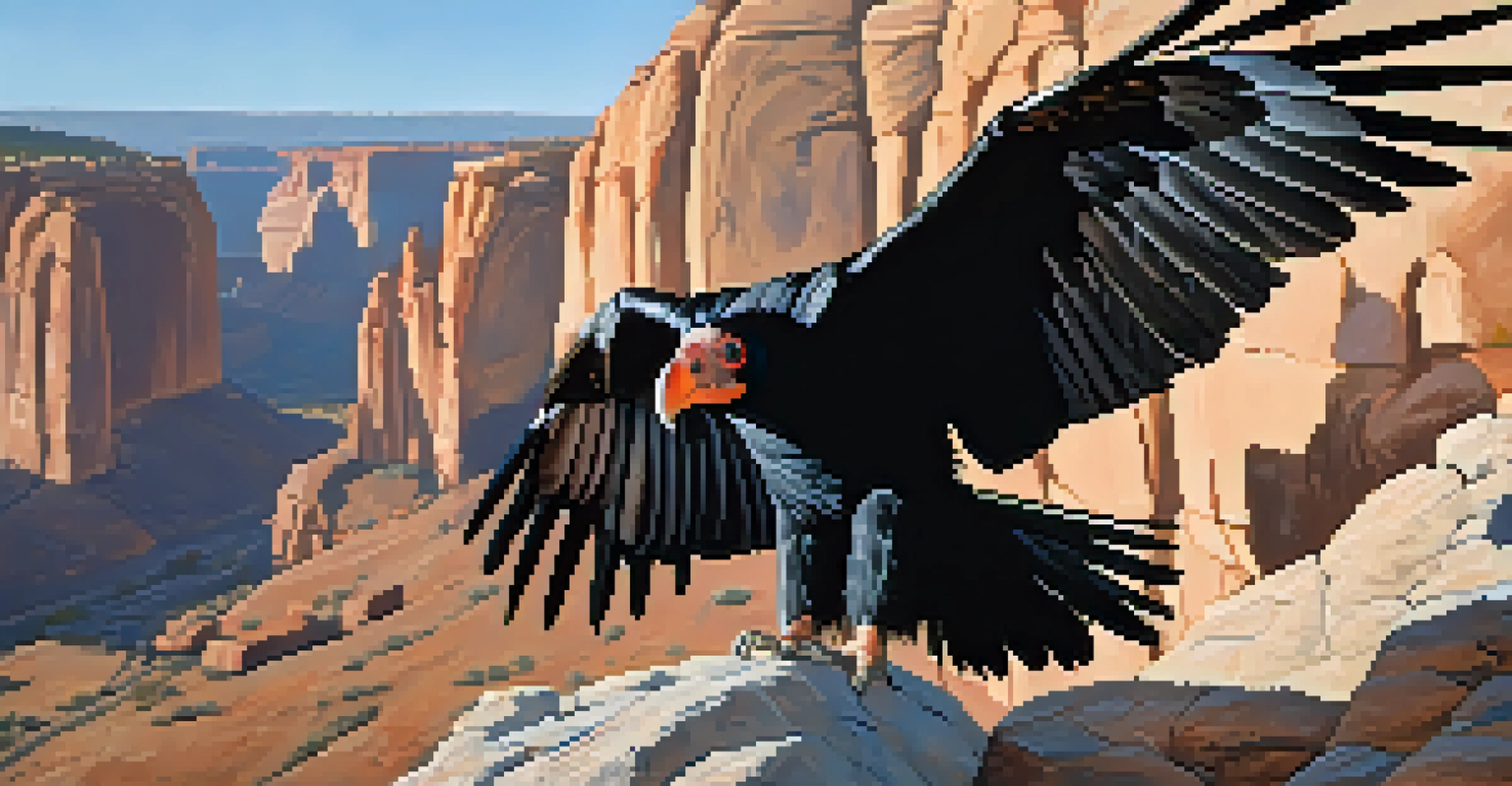 A California condor perched on a rocky ledge in Arches National Park against a blue sky.