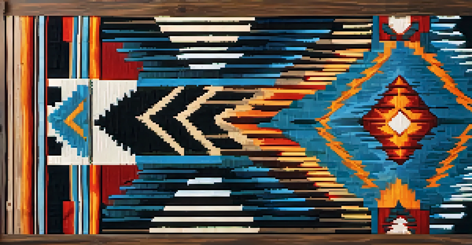 A detailed Navajo weaving with vibrant geometric patterns displayed on a wooden background, showcasing the craftsmanship and colors.
