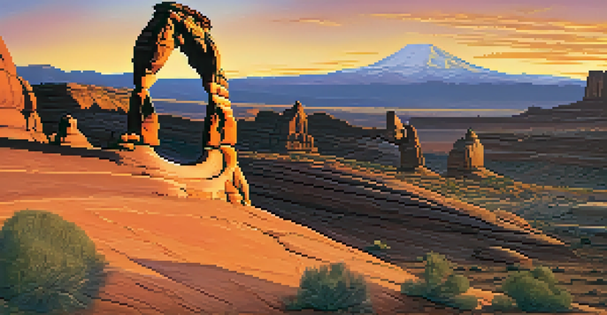 A sunset view of Delicate Arch, with a vibrant orange sky and the La Sal Mountains in the background, showcasing the arch's silhouette against red rocks.