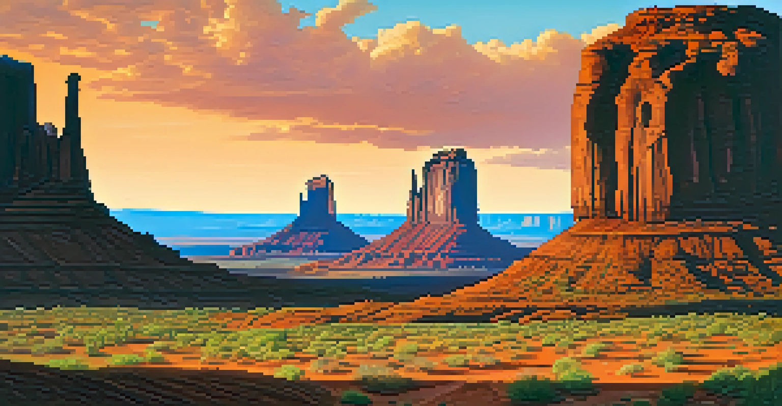 A panoramic view of Monument Valley with iconic red rock formations illuminated by sunset light under a clear blue sky.