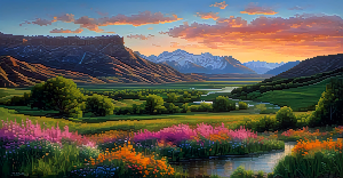 A panoramic view of colorful sunset over the Wasatch Mountains in Utah, with green valleys and a winding river in the foreground.