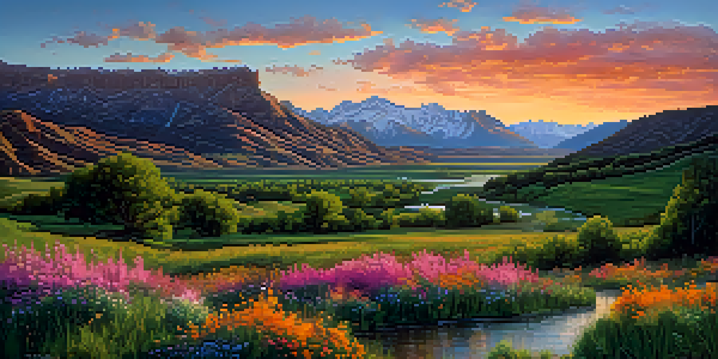 A panoramic view of colorful sunset over the Wasatch Mountains in Utah, with green valleys and a winding river in the foreground.