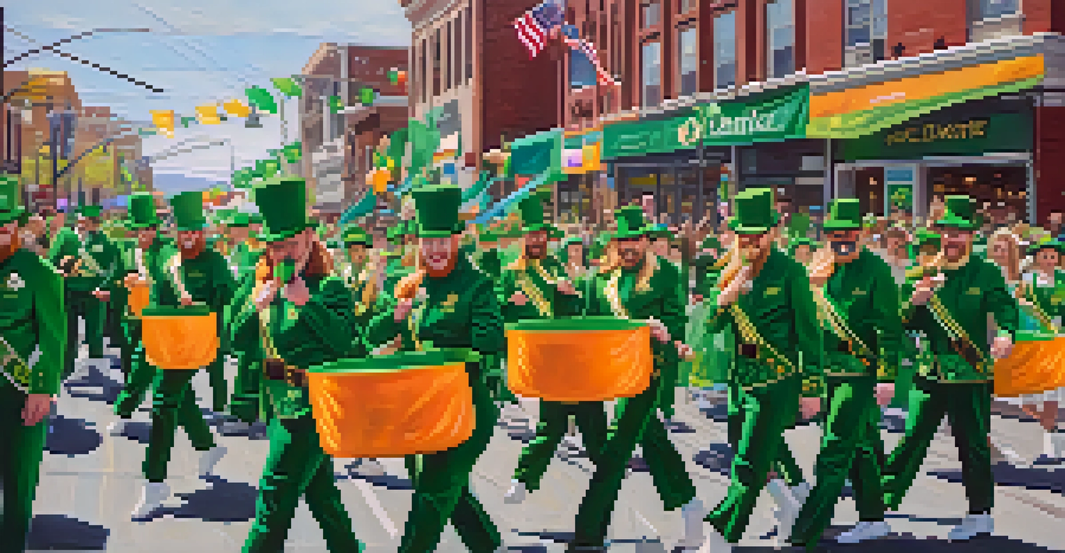 A lively St. Patrick's Day parade in Salt Lake City with colorful floats, green dancers, and cheering spectators.
