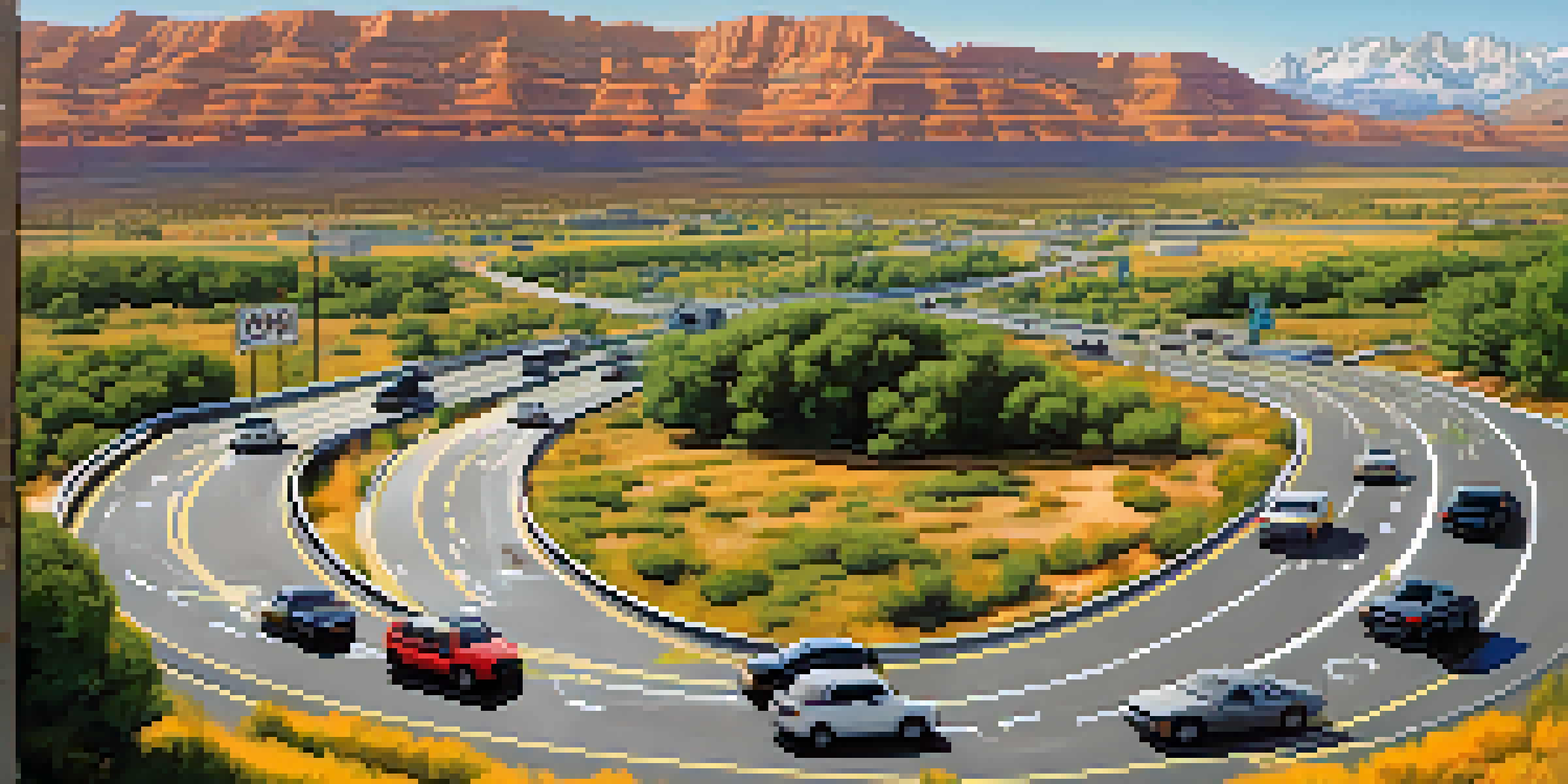 A modern Utah highway with clear road markings, surrounded by lush green mountains and various vehicles including cars and bicycles.