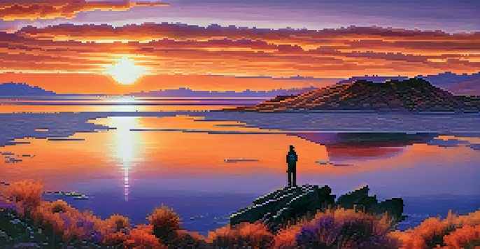 A silhouette of a hiker standing on a rocky outcrop overlooking the Great Salt Lake at sunset, with vibrant colors in the sky reflecting on the water.