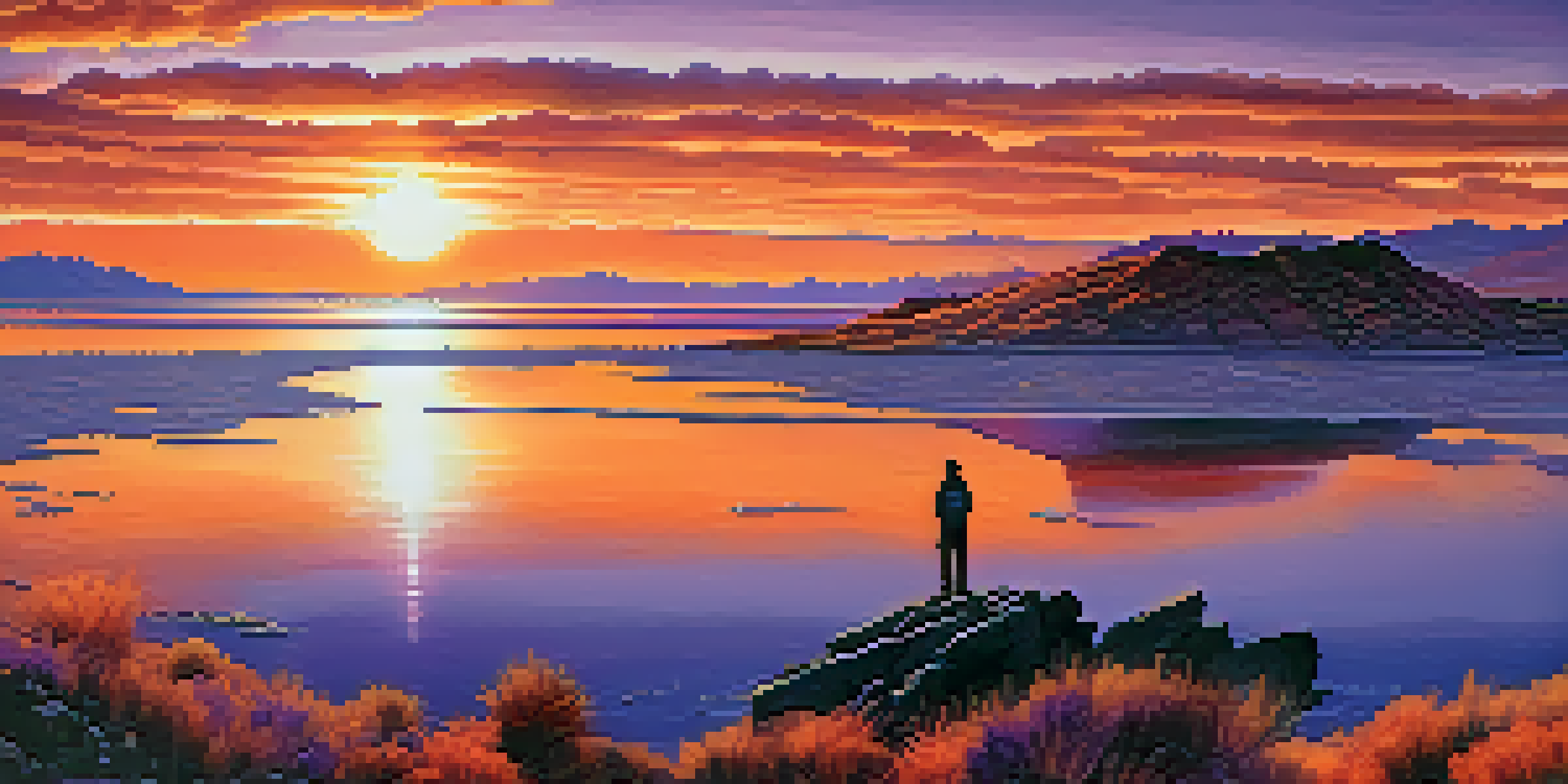A silhouette of a hiker standing on a rocky outcrop overlooking the Great Salt Lake at sunset, with vibrant colors in the sky reflecting on the water.