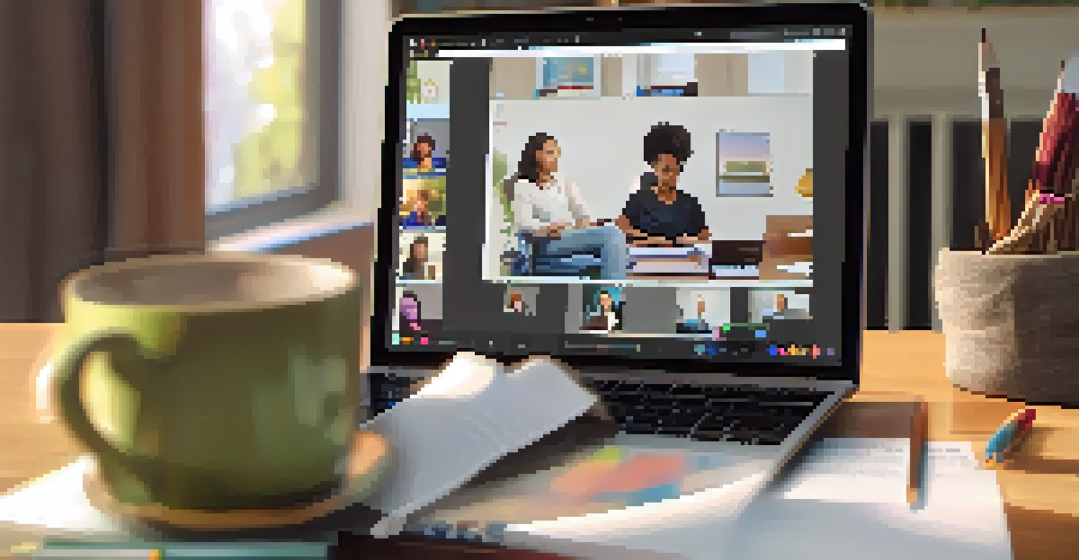 A teacher's hands typing on a laptop during an online workshop, with a virtual meeting displayed on the screen and educational materials on the desk.