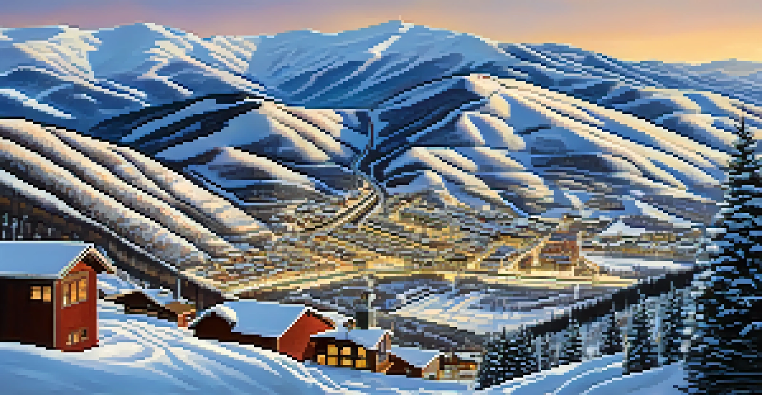 A panoramic winter view of Park City Mountain Resort with skiers on the slopes and the town in the background under a clear blue sky.
