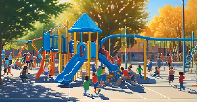 A lively playground at a Utah public school with children of various ethnicities playing under a clear blue sky.
