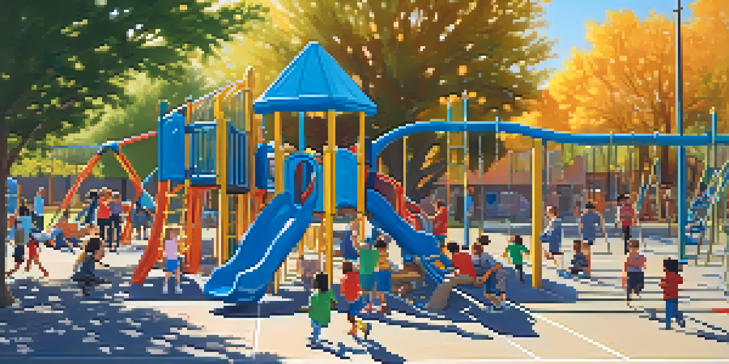 A lively playground at a Utah public school with children of various ethnicities playing under a clear blue sky.
