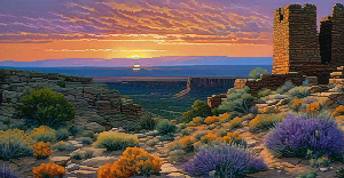 Silhouetted ancient Puebloan stone structures at Hovenweep National Monument during sunset, with a colorful sky and wildflowers in the foreground.