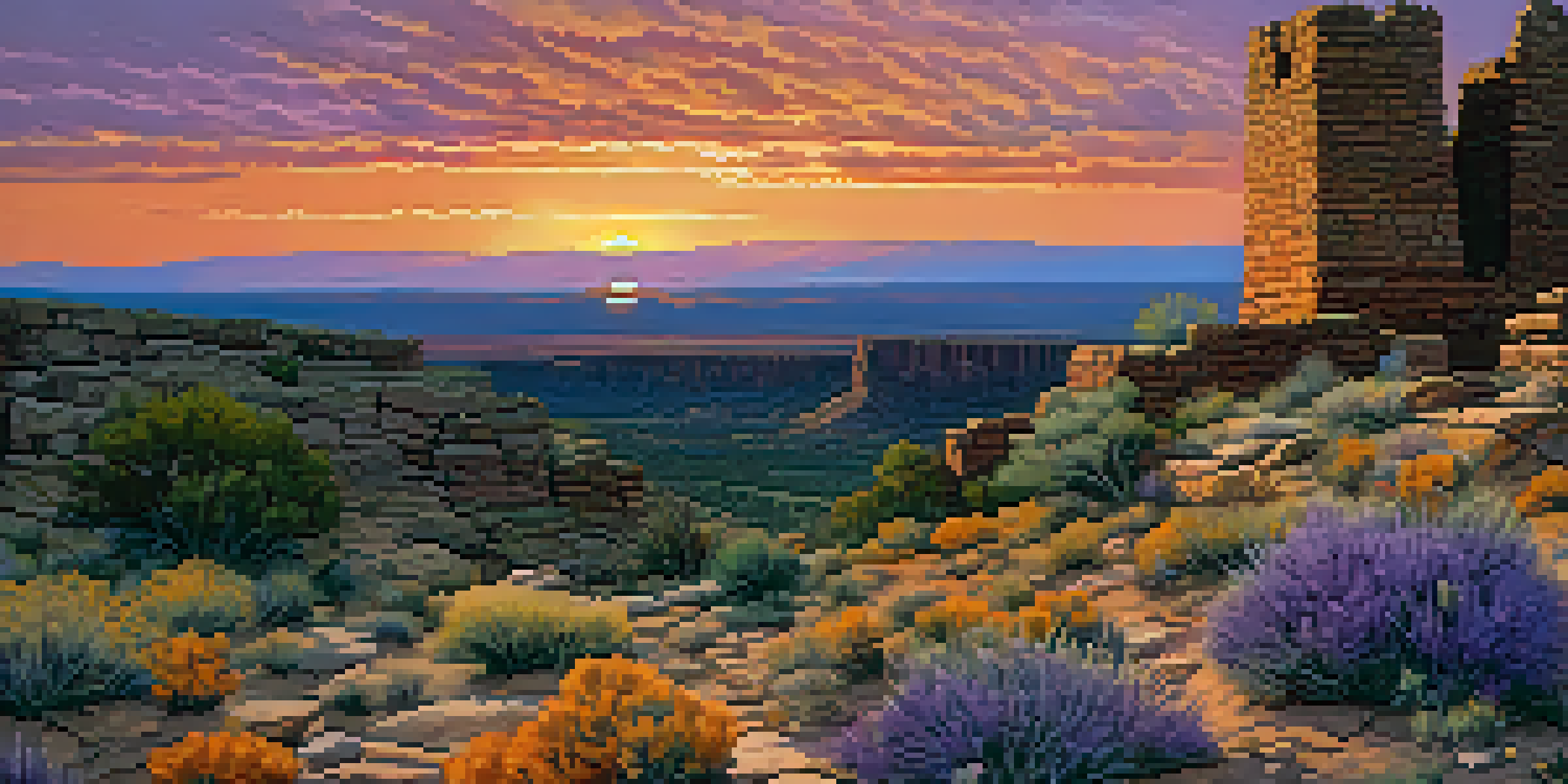 Silhouetted ancient Puebloan stone structures at Hovenweep National Monument during sunset, with a colorful sky and wildflowers in the foreground.