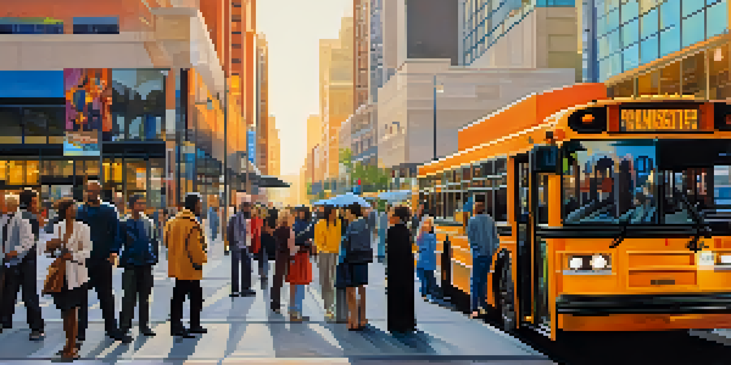 A bustling bus stop in Salt Lake City with commuters waiting for the bus under the morning light.