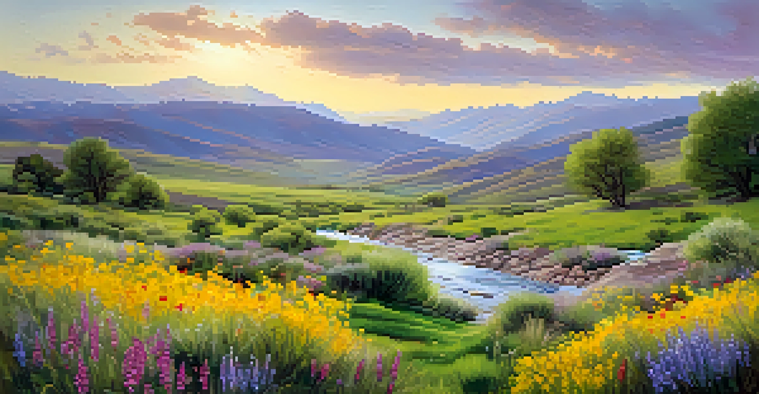 A colorful spring landscape in Utah with blooming wildflowers and green hills.