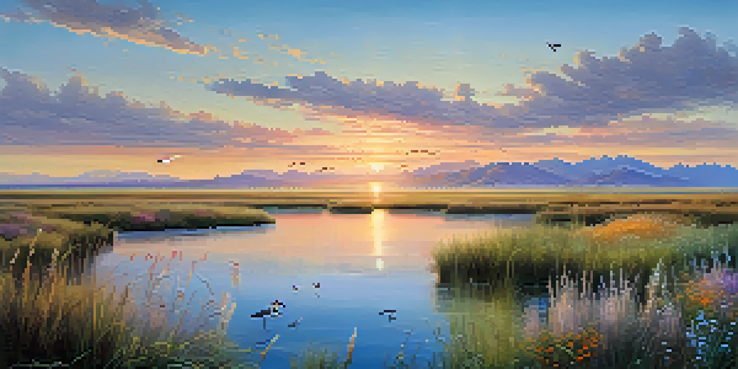 A beautiful Utah wetland at sunrise, with grasses, wildflowers, and birds in flight against a pastel sky.