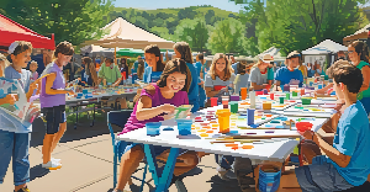Families participating in a hands-on art workshop at the Utah Arts Festival, surrounded by colorful paint supplies and engaging with a friendly instructor.